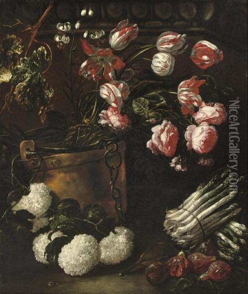 Tulips, Roses And Other Flowers In A Copper Bucket With Asparagus And Figs Oil Painting - Jan Fyt