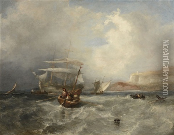 Vessels In Choppy Waters Off The Coast Oil Painting - John James Wilson