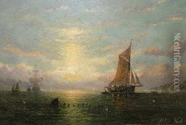 Shipping At Sunset With A Distant Man-o-war Oil Painting - William Adolphu Knell