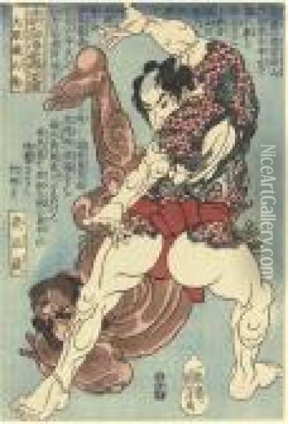 Tengen Isobyoe (tengen Isobyoe Throwing Yasha Arashi In A Wrestling Bout) Oil Painting - Utagawa Kuniyoshi