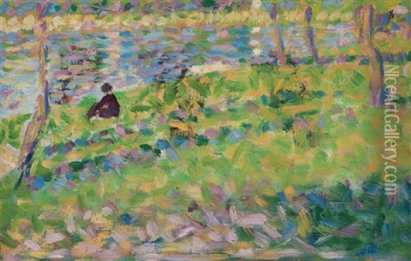 Paysage, Homme Assis (etude Pour Un Dimanche D'ete A L'ile De La Grande Jatte) Oil Painting - Georges Seurat