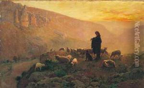 Paisaje De Montana Con Pastor Y Su Rebano Al Atardecer Oil Painting - Paul Vayson