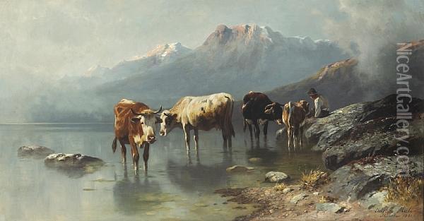 Cattle Watering In A Mountainous Landscape Oil Painting - Christian Friedrich Mali