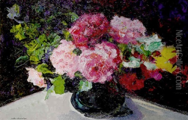 Vase De Roses Oil Painting - Victor Charreton