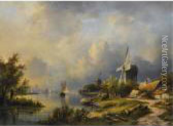 Anglers On The Waterfront, A Town In The Distance Oil Painting - Lodewijk Johannes Kleijn