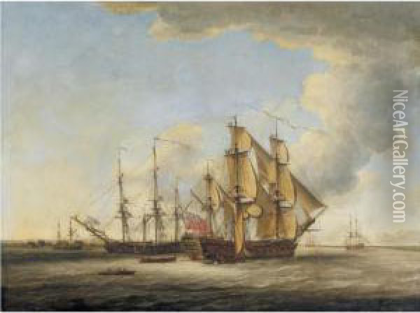 Two British Men-o-war Among Other Ships In An Estuary Oil Painting - John the Younger Cleveley
