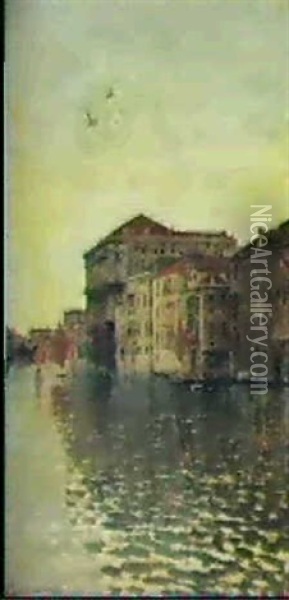 A Palazzo And Other Houses On A Canal, Venice Oil Painting - Rubens Santoro