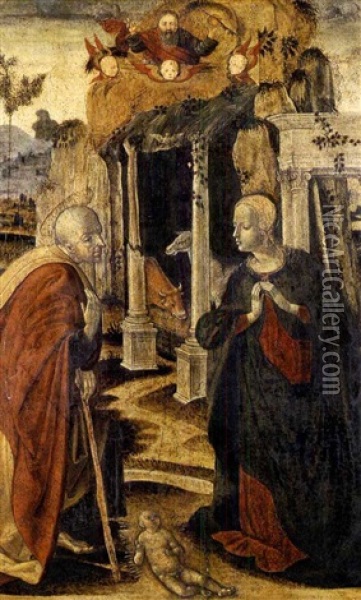 The Nativity, With God The Father Above Oil Painting - Girolamo di Benvenuto del Guasta