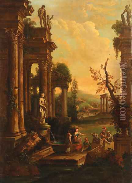 A classical landscape with soldiers and washerwomen resting by a fountain Oil Painting - Pierre-Antoine Patel