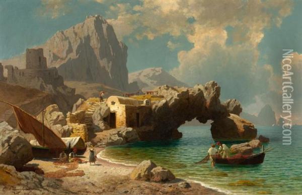 Bay At Capri With Fishermen And Their Boats. Oil Painting - Carl Jungheim