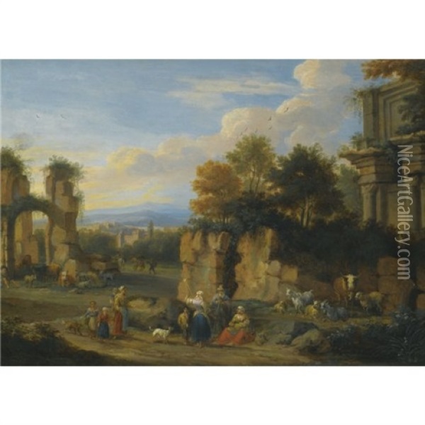 An Italianate Landscape With Figures Resting Near Ruins Oil Painting - Pieter Bout