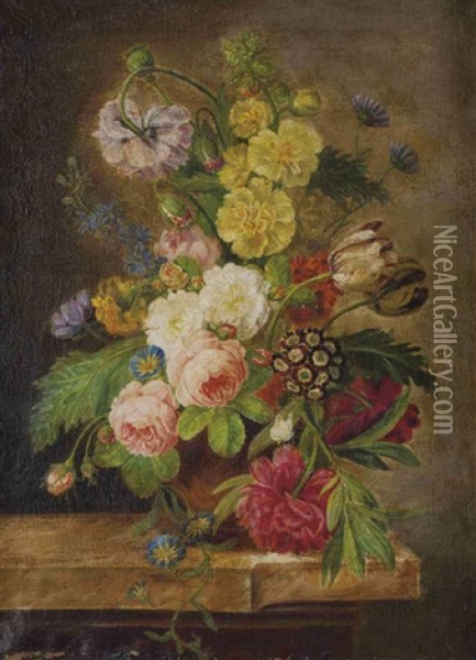Vase Avec Pivoines, Roses Et Tulipes, Liserons Et Autres Fleurs Sur Un Entablement En Marbre Oil Painting - Jan van Os