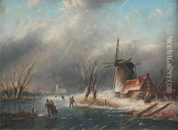 Figures On A Frozen Lake By A Windmill Oil Painting - Jan Jacob Coenraad Spohler