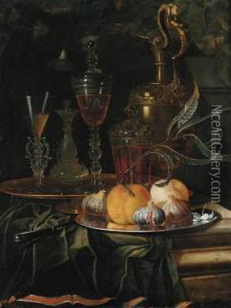 Figs And Peaches On A Pewter 
Platter, Glasses Of Wine On A Golddish, An Ornamental Silver-gilt Ewer 
And A Knife On A Partly Drapedledge Oil Painting - Christian Berentz