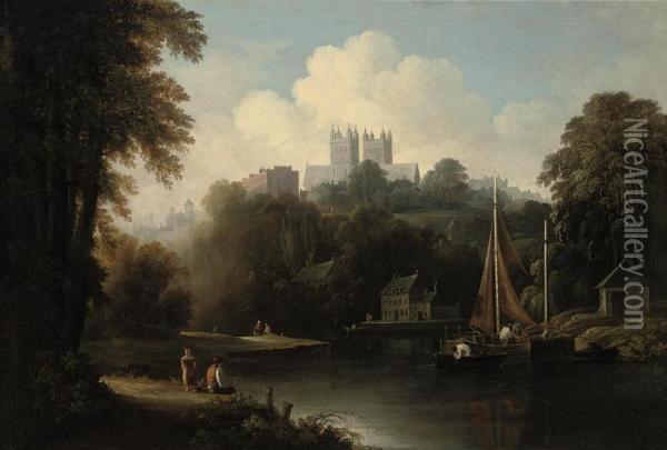 A View Of The River Weir With An Angler On A Bank, Durham Cathedralbeyond Oil Painting - Thomas Barker of Bath
