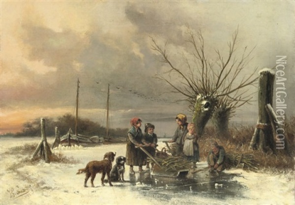 Children Gathering Firewood On The Ice Oil Painting - Jan Geerard Smits