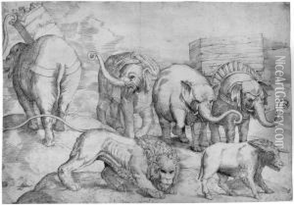 Elefanten, Lowe Und Ein Wildschwein Oil Painting - Battista Franco
