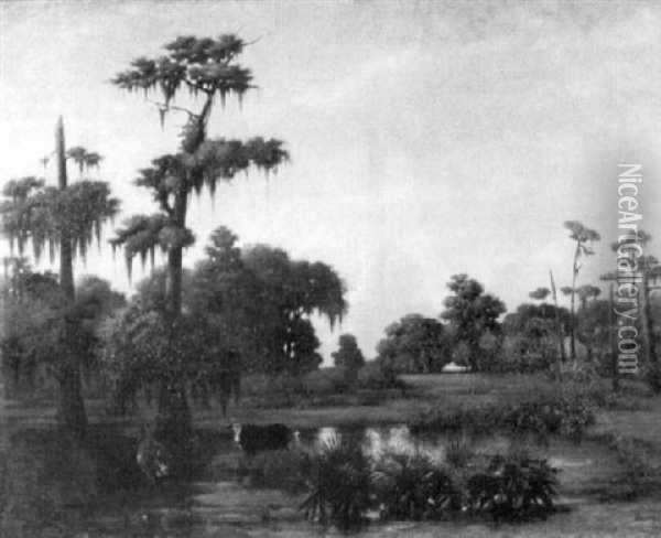 Louisiana Landscape With Cabin And Cows (near Mandeville?) Oil Painting - Francois Bernard