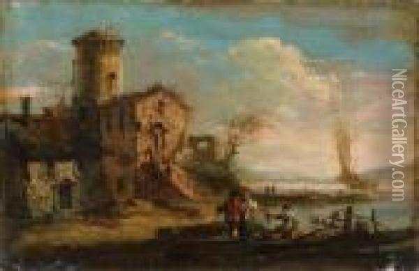 Pecheurs Et Promeneur Au Bord D'un Lac Oil Painting - Francesco Guardi