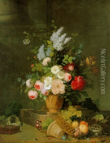 Still Life Of Lilacs, Roses, Peonies, Tulips And Other Flowers In An Urn Resting On A Plinth With A Basket Of Fruit Oil Painting - Jean Louis Prevost