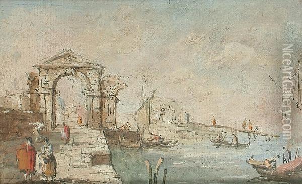 A Lagoon Scene With Figures On The Banks Before A Ruined Arch Oil Painting - Francesco Guardi