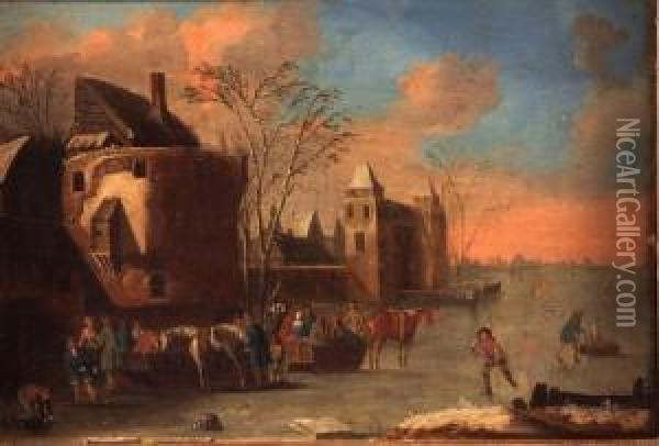 Awinter Landscape With Figure Skating, Other Figure Groups Oil Painting - Andries Vermeulen