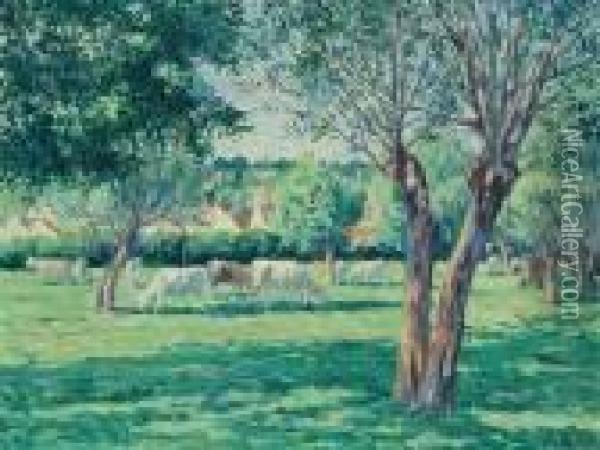 Eragny, Troupeau De Vaches Dans Un Pre Ombrage Oil Painting - Maximilien Luce