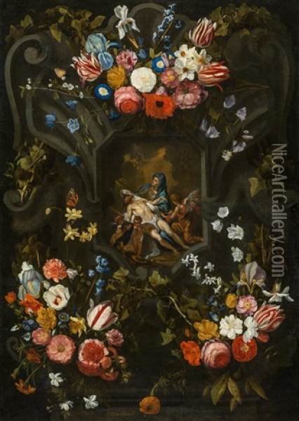 Blumenkartusche Mit Beweinung Oil Painting - Jan Philipp van Schlichten