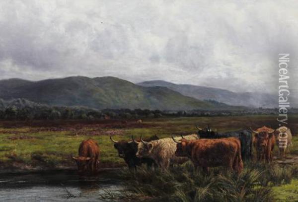 Highland Cattle Watering In A Landscape Oil Painting - Joseph Dixon Clark