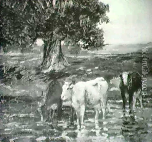 Cows In A Stream Oil Painting - Matilda (Van Wyck) Browne