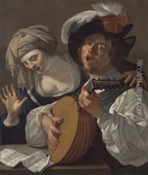 A Lute Player And A Singer, A Musical Score On The Table Oil Painting - Dirck Van Baburen