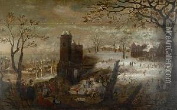 A Winter Scene With Skaters On A Frozen Canal Oil Painting - Pieter Ii Stevens