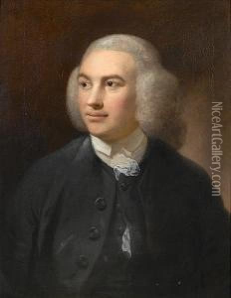 Portrait Of A Gentleman, Bust-length, In A Grey Coat With A White, Lace-edged Chemise Oil Painting - Robert Edge Pine