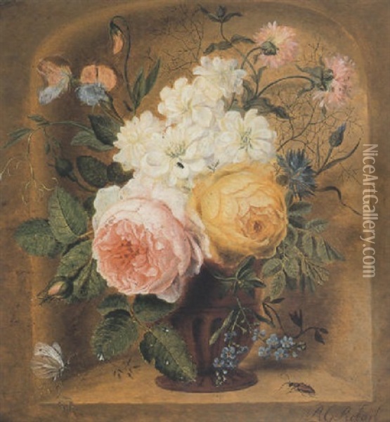 Een Bloemstilleven In Een Nis Oil Painting - R.G. Robart