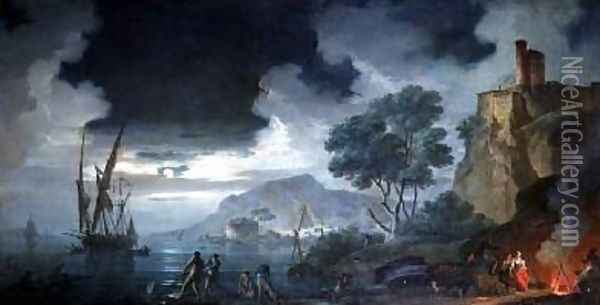 Evening a capriccio of a moonlit Mediterranean bay Oil Painting - Charles Francois Lacroix de Marseille