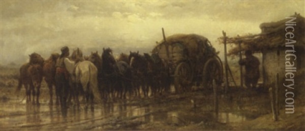 Horses And Horsemen With Carriage Oil Painting - Adolf Schreyer