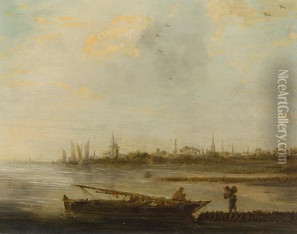 Figures And Boat Before A Coastalskyline Oil Painting - Jan van Goyen