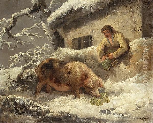 A Winter Landscape With A Farmer Feeding His Pig Oil Painting - George Morland