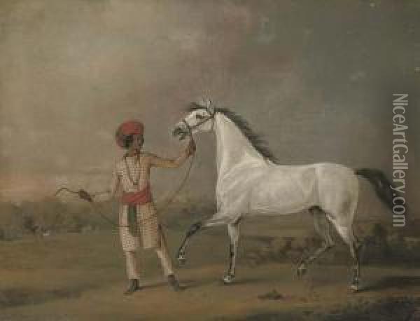 An Arab Stallion Held By An Indian Groom In An Exotic Landscape, Figures Beyond Oil Painting - Henry Bernard Chalon