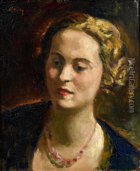 Femme Au Collier Rose Oil Painting - Manuel Ortiz De Zarate