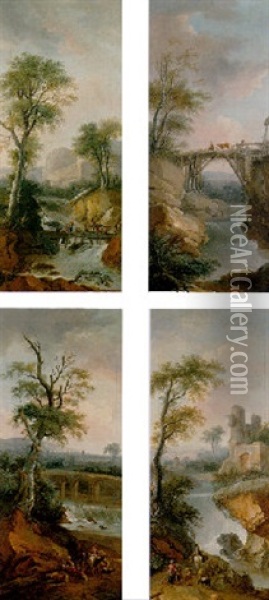 River Landscape With Herdsmen, Maids, And Travellers By A Waterfall Oil Painting - Jean-Baptiste Cazin