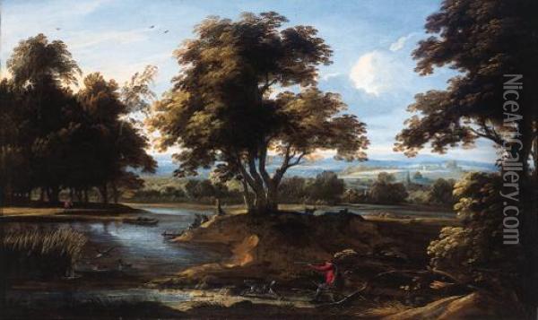A Sportsman Shooting Duck By A River, In Summer Oil Painting - Jan Baptist Wolfaerts