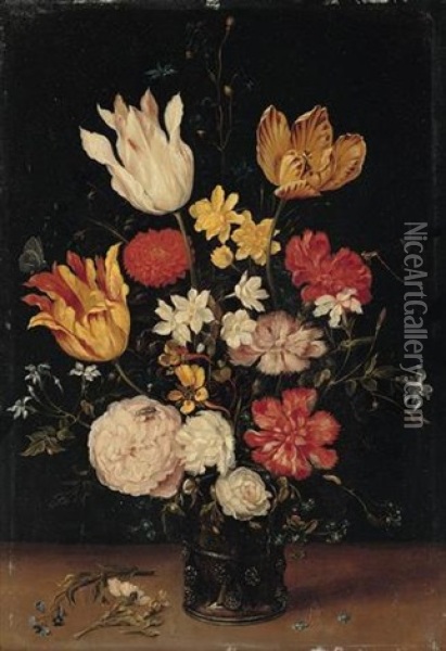 A Still Life Of Tulips, Roses, Carnations And Other Flowers In A Glass Vase Oil Painting - Jan Brueghel the Elder