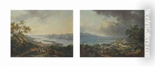 A View Messina From The South-west; A View Of Messina From The North, With The Santuario Della Madonna Di Montalto And Fortress (2 Works) Oil Painting - Claude Louis Chatelet