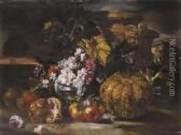 Rose E Garofani In Un Vaso D'argento Con Uva E Melograne Su Sfondodi Paesaggio Oil Painting - Abraham Brueghel