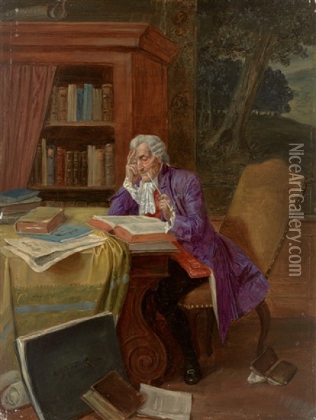 Aufmerksame Lekture. Eleganter Herr Im Habit Des Rokoko Beim Lesen In Der Bibliothek Oil Painting - Albert Joseph Franke