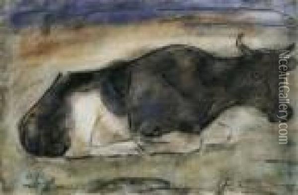 Liegende Kuh. Ruckseitig: Margueriten Oil Painting - Christian Rohlfs