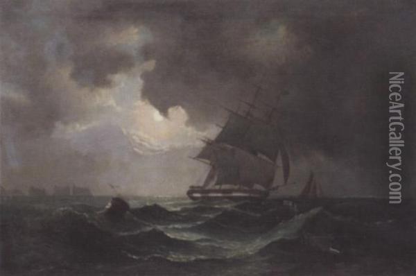 Shipping In Heavy Seas By Moonlight Oil Painting - Peter Julius Hoyer