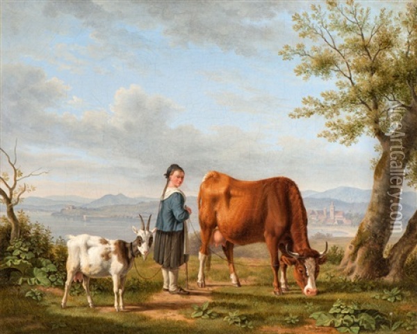 Young Herdswoman With A Cow And A Goat, Standing At A Lakeside Oil Painting - Karl Kuntz