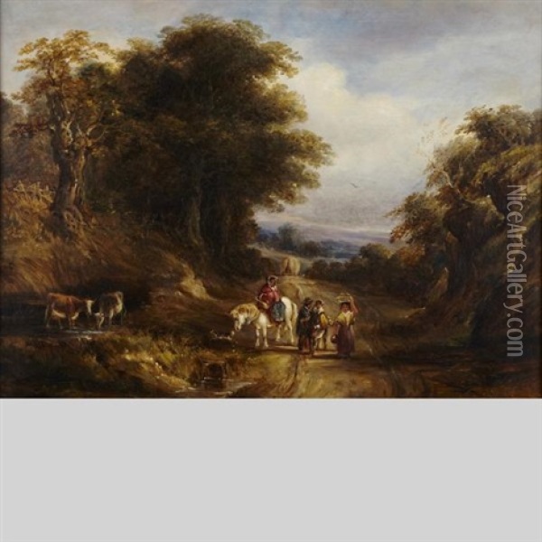 Gypsies Watering Cows Along A Country Road Oil Painting - Richard H. Hilder